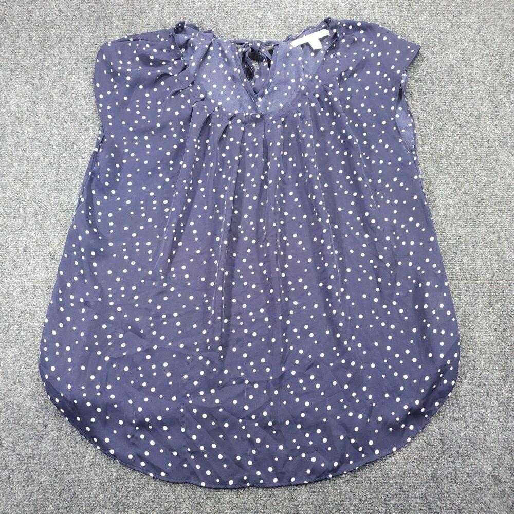 LC Lauren Conrad Navy Polka Dot Ruffle V-Neck Blouse Womens XL Tie Neck Flawed